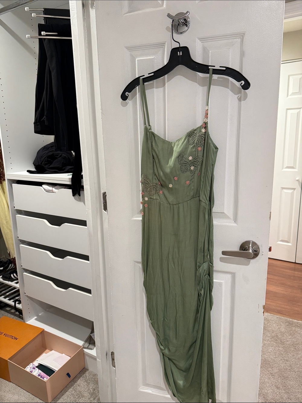 Sage Green Embroidered Dress with Spaghetti Straps